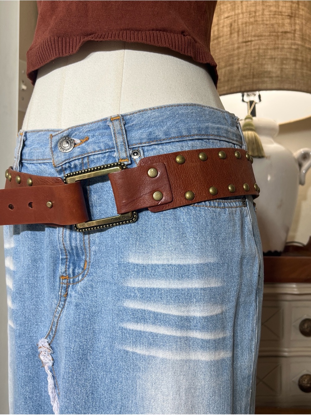 Calvin Klein Brown Studded Leather Belt with Brass Buckle